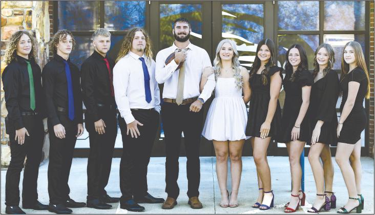 Stroud celebrates Homecoming 2024 Friday before the Tigers game with Casady. The coronation will be at 6:25 p.m. Pictured from left are freshman escort Trenton Stewart, sophomore escort Aiden Collins, junior escort Drake Prewitt, senior escort Ty Stafford, queen escort Kason Presley, queen Erin Sellers, senior attendant Laci O’Donnell, junior escort Destiny Smith, sophomore escort Olivia Stanger and freshman attendant Isla Arballo. Photo/Beth Young