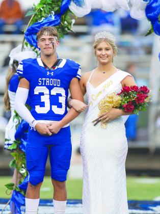 Chandler and Stroud crowned their 2023 Homecoming Queens Friday. Left, Chandler Homecoming Queen Emi McGuire is with escorts Stran Messer, left, and Braxton Estes. Photo/Brian Blansett. Right, Stroud queen Kathryn Thornton poses with escort Bryce Collins. Photo/Rick Hester.