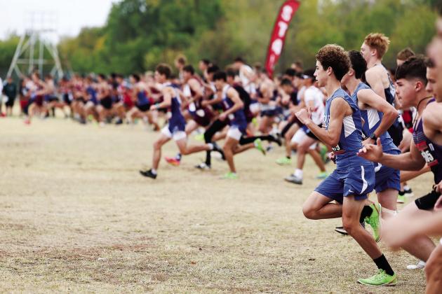 Above left, Aiden Young of Stroud takes off with the crowd atthe start of the Class 2A boys cross country state meet. Above right, Payton Trotter from Meeker runs past some American flags in the Class 2A girls competition. Photos/Beth Young. At right are results involving area runners.