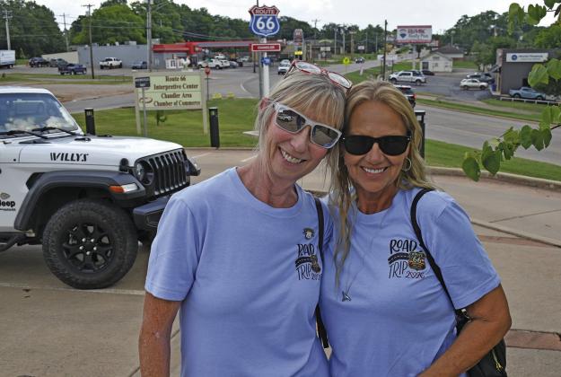 On the left are Chris “Toe” Comstock, David “Woody” Woodworth and Phillip “Phil” Scott with Ribbons and Routes, a group that creates projects to honor lost loved ones and support people and families affected by cancer. On the right are Gigi Beebus and Sherry Valentine, two friends traveling Route 66 for their birthdays. Photos/Andrew Frazier