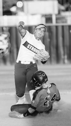 Stroud second baseman Carlee Miller throws to first after a forceout while Davenport’s Gracie Miller slides in to second. Photo/Beth Young