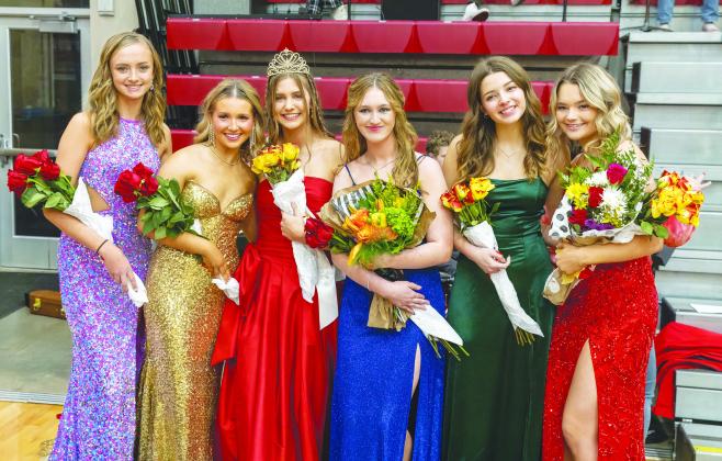 Dale crowned Grace Anderson as its Homecoming Queen Friday night. The court included, from left to right, Holland Herring, Freshman Attendant, Karlie Andrews, Queen Candidate, Grace Anderson, Homecoming Queen; Ella Cantrell, Junior Attendant; Jasmin Fox , Queen Candidate; Chloe Cheatwood, Sophomore Attendant. Photo/Rick Hester