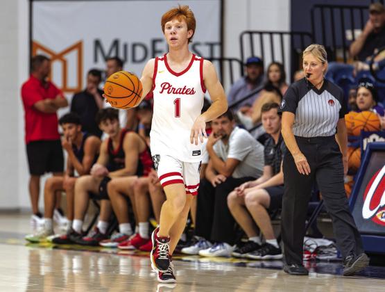 Easton Edmonson looks over the defense as he brings the ball up the court. Photo/Rick Hester