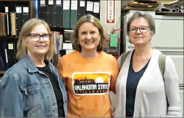Recent visitors to the Lincoln County Museum of Pioneer History and the Stroud Public Library were Betty Blanks, left, and Lillian Vallee, on the right. Pictured with the visitors is Karen Neurohr, library professor at Oklahoma State University.