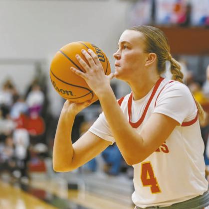 Ava Bell lines up a shot from the corner for Dale in the Lady Pirates’ win over Christian Heritage. The Dale boys and girls are both 22-2 and ranked No. 1 in Class 2A and will host Mounds in district play. Photo/Rick Hester