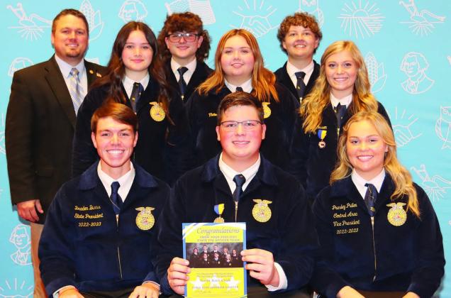 North Rock Creek’s FFA officers attended the annual leadership training conference sponsored by Public Service Company of Oklahoma earlier this month in Norman. Attending were president Cooper Kline, center; Addyson Troxel, reporter; Victoria Dia, treasurer; Berklee Gossen, vice president; Josh Davis, advisor; River Norton, sentinel; and Stephen Wickard, secretary. Photo provided