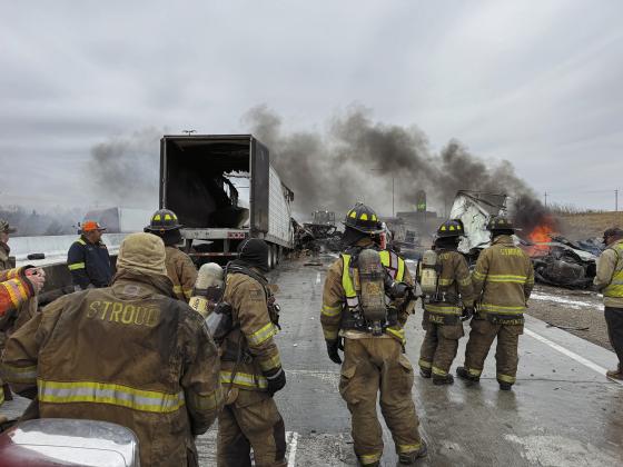 Firefighters from Stroud assess the situation at a semi crash on the Turner Turnpike on Friday, Jan. 23. While no one was hurt, the Stroud Department had to call in backup from Chandler, Davenport and Kendrick. Photo/Chris Wilson, Stroud Fire Chief