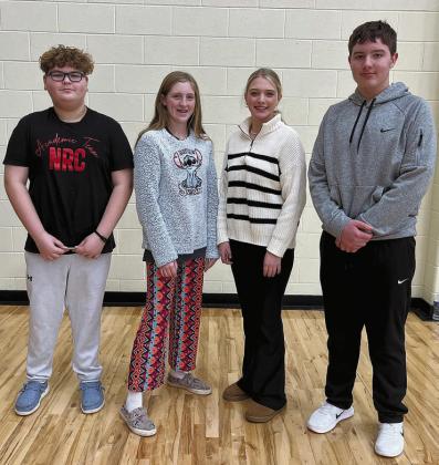 North Rock Creek recently released its students of the month. High school students honored are pictured above in the left photo include freshmen Ayla Pryor and Jake Hacker; sophomore: Ashlyn Bade and Logan DeFontaine; juniors Hadley Dyer and Jaxon Murray; seniors: Olivia Bowen-Wright and Sawyer Stuteville. Middle school students honored were seventh graders Bryson Malone and Emily Hasbell and eighth-graders Ashtyn Taron and Dylan Hoover. Photos provided.