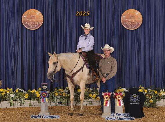 Sandy Bendele of Chandler was the Reserve champion in the Select Amateur Trail Class and the Select Amateur Ranch Trail Class and the Champion in the Amateur Ranch Horse Class at the 2025 Palomino World Show, Springfield Ill. She is pictured right, along with her husband, Mike Bendele. Photo/ Jeff Kirkbride Photography
