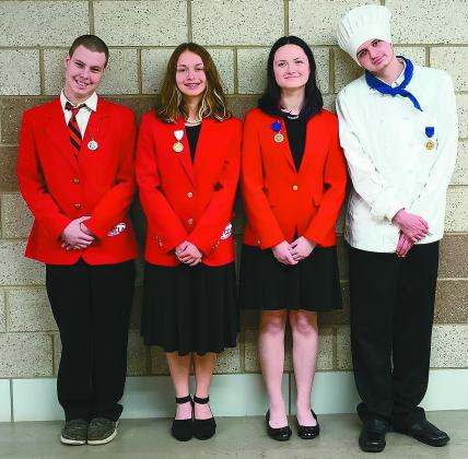 Chandler High School FCCLA members recently placed first at the Regional Star Event. All the winners have qualified for the state competition to take place in March. Pictured from left to right are Damien Best, won in Work Readiness Job Interview; Victoria Lail-Sanders, won in Job Interview; Bailey Treanor, won in Children’s Literature; and Tyler Frazier, wone in Work Readiness Table Setting. Photo Submitted/Cynthia Snider, FCCLA Coach