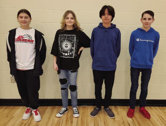North Rock Creek recently released its students of the month. Above are the November high school honorees. From left, they are, back row: Cassidy Malone (12th), Ben Bonilla (11th), Jackson Burnett (9th), Carson Atwood (11th), Blake Haskins (12th) front row: Addison Lawrence (9th), Diana Baiz (11th), and Felicia Hankins (10th). Below are the middle school honorees for December. From left, they are: Olivia Ramirez, Avery Wilson, Zeplynn West-Gardner, and Jacen Robertson