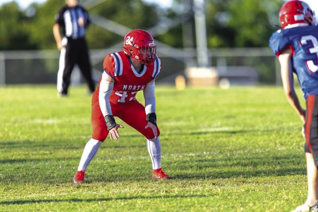 Ronan Martin from Prague watches for the snap as he is lined up across from a split back. Photo/Rick Hester