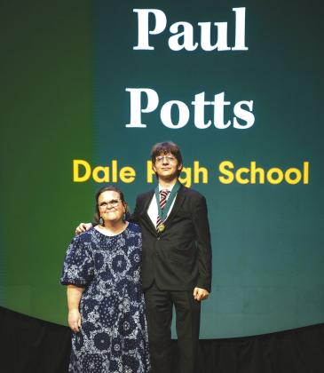 On Saturday, May 2, the Oklahoma Foundation for Excellence hosted its 40th annual Academic Awards Celebration at the National Cowboy &amp;amp; Western Heritage Museum in Oklahoma City. Dale High School senior Paul Potts, right, was honored as a member of the 2026 Academic All-State class. Each All-State honoree is encouraged to bring an honored teacher guest to the event, and Potts attended with teacher Allison Robinson, left. Photo/AJ Stegall Photography