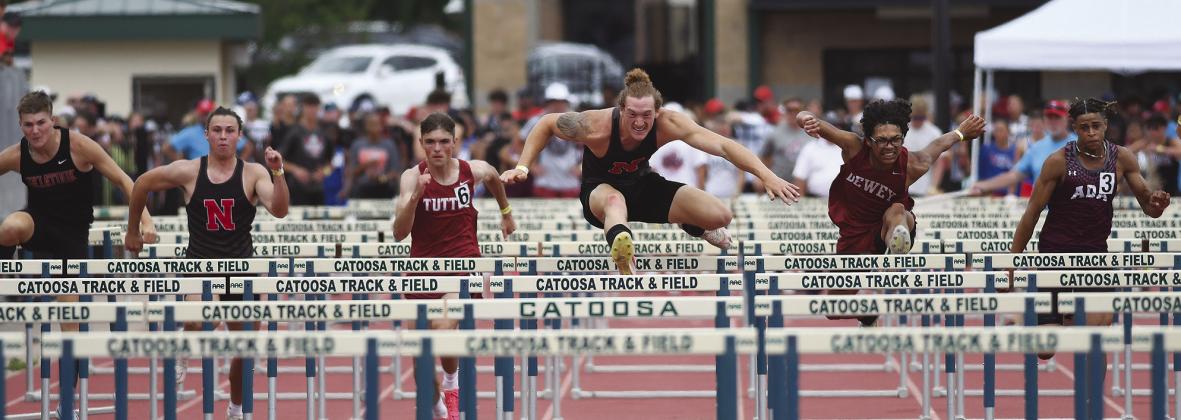 Top, Stroud’s Bryce Collins won the 110-meter hurdles at the Class 2A state meet on Saturday, giving our area a sweep of gold in Class 2A, 3A and 4A in that event. Photo/Beth Young. Above, North Rock Creek’s Maddox Motley won the Class 4A championship at Catoosa. Photo/Brian Blansett. Left, Amarie Bobo of Davenport took fourth place in the Class A shot put. Photo/Rick Hester