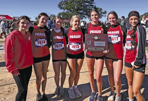 Prague’s girls cross country team won the Class 3A regional championship at Henryetta on Saturday and will run at the state meet Satuday at Carl Albert. The Lady Devils had four of the top nine qualifiers and five of the top12. From left are Hanna Rolette, Brinlee Smith, Lakeyn Kinslow, Jocelyn Ward, Hailey Johnson, Jaxi Friend and Jae Evig See Page 1D for more on cross country and a list of all area qualifdiers. Photo/Monica Johnson
