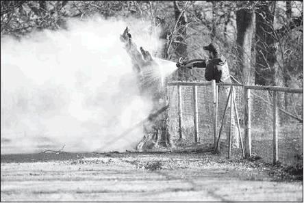 Above, a firefighter from the Sparks department hoses a tree that burning grass caught on fire last week. The Sparks, Meeker and Chandler fire departments responded and quickly had the fire under control.