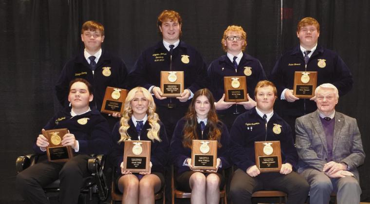 Seated (left to right): Luke Stafford, Shawnee; Gracie Little, McLoud: Rylee Williams, Tecumseh; Cayden Carpenter, Bethel; and Gordon Richards, Jr. Standing (left to right): Dakoyta Denney, Macomb; Augustus Goodson, North Rock Creek; Bryson Gregg, Asher; and Parker Barnard, Dale. Photo/Suzie Campbell, Countywide News.