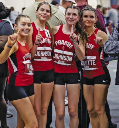 From left to right, Prague’s 4x800 relay team, Jocelyn Ward, Hailey Johnson, Harley Johnson, and Hanna Rolette.