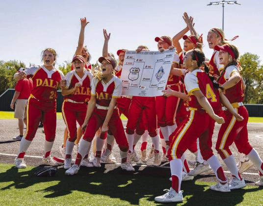 Dale’s Lady Pirates hold up the bracket as they celebrate the school’s eighth fastpitch state championship Saturday. Dale beat Warner in the championship game Saturday at Firelake. The game was tied 2-2 in the bottom of the eighth when Holland Herring doubled to drive in Jayse Smith and then scored on a single by Lainey Wilson. Dale pitcher Macy Jones then set the Lady Eagles down in order in the top of the ninth to nail down the win. Photo/Rick Hester