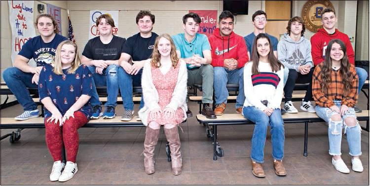 For wrestling, top photo, left to right, the queen candidates and escorts are: Caroline Pepper, at-large, with escorts Tris-ten Redford and Brayden Redford; Makenna Mc-Bride, senior, with escorts Jacob Stump and Ian Hamilton; Taylor Knight, junior, with escorts Adolfo Olivas and Tyson Rivas; Peyton Ritz, sophomore, with escorts Jake Weber and Dalton Fowble; Not pictured are flowergirl Kamdynn Mc-Bride and crownbearer Tyler Karger.