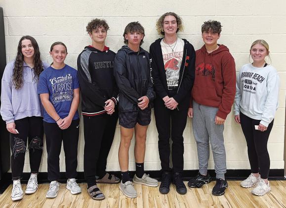 North Rock Creek announced its students of the month for September. At left are the middle school students of the month: Greyson Sharma 8th, Hallie Law 8th, Lillian Flores 7th, Slayton Graham 7th. At right are the high school students of the month: Addison Iddings (10th), Makayla Rudek (9th), Calvin Bray (12th), Carson Wilbourn (11th), Cameron Black (10th), Zach Nowakowski (9th), Berklee Gossen (12th) Not pictured is Aryel Henley (11th)