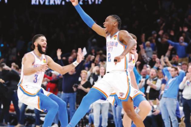Shai Gilgeous-Alexander celebrates after shooting a 3-point basket at the buzzer to defeat the LA Clippers at Paycom Center. Oklahoma City won 104-103. Photo: Alonzo Adams-USA TODAY Sports