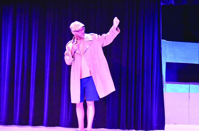 In the photo on the left, David Timmons and DaNae Peters perform a scene of “Drop Dead!” On the right, Chris Reed plays Dick Scorcese/Inspector Mounds in “Drop Dead!” Photo/Emily Kalka