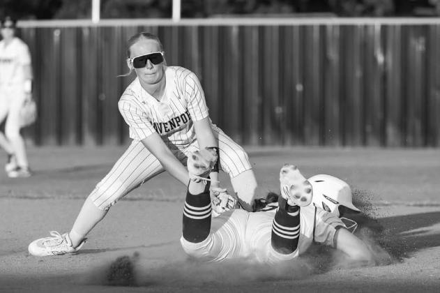 Davenport shortstop Nevah Ray tags out a Ripley runner at second base. Photo/Rick Hester