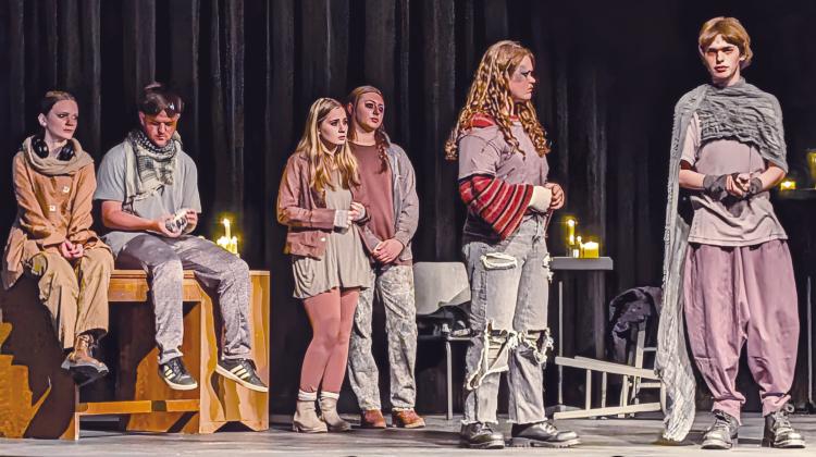 To the right, Chandler High School drama performs its one-act “In Darkness, Audio Flowers Bloom” before competing at OSSAA 4A One-Act Regionals. From left to right, Mae Solomon as Decibel, Weston Miller as Wah-Wah, Hannah Davis as EQ, Cabella Reno as Reverb,BethanyDescheras Boombox and Zeke Hicks as Echo. See Page 2D for more. Photo/Jennifer Pryor