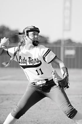 Stroud third baseman Makenna Hall throws to first after fielding a bunt in the Lady Tigers’ game against Chandler on Friday. Photo/Brian Blansett