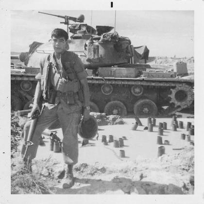 Marine Corps Vietnam veterans Jim Keene, left, and Charlie Hill today and, in the inset photos, near An Hoa, Vietnam in 1968.