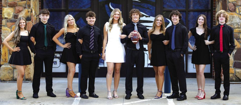 Above is the Stroud Homecoming Court. Homecoming is Oct. 23 at 6 p.m. Left to right: Freshman attendant Isabella Orr and escort Gavin Morris; Sophomore attendant Skye Buchanan and escort Gage Bailey; Queen Camryn Wilson and escort Aiden Collins; Senior attendant Carly Miller and escort Kacin Martinez; and Junior attendant Kendall Ahrend and escort Trenton Hogan. Photo/Beth Young
