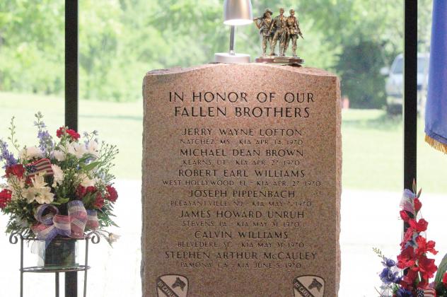 In the top photo is a memorial stone that the A Company Ace High 22/12 Calvary in the 1st Air Cavalry placed in the Route 66 Interpretive Center. Bob Gallagher and Donald Stewart are seen, on the bottom left, sitting together catching up. Doyle Miller, on the bottom right, is seen looking around at the various veterans and family members that came to the reunion. Photos/Lily Huff