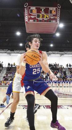 Jake Smithey (25), above, grabs a rebound during Chandler’s area championship win over Anadarko. Top right, sophomore guard Jaydan Denson puts on some full-court pressure. Photos/Brian Blansett