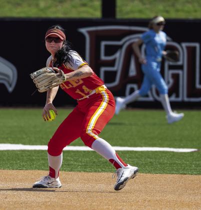 Several area players participated in the fast-pitch softball All-State games last week. Top, North Rock Creek pitcher Hailey Hacker delivers a pitch. Above left, Chandler’s Carson Jackson waits for a pitch. Above right, Liyah Dauman from Prague reminds her teammates that there are two outs. Left, Karsen Griggs from Dale throws to first after fielding a ball at second base. Right, Dale coach Andy Powell and player Gracee Radford before pregame introductions. Photos/Rick Hester