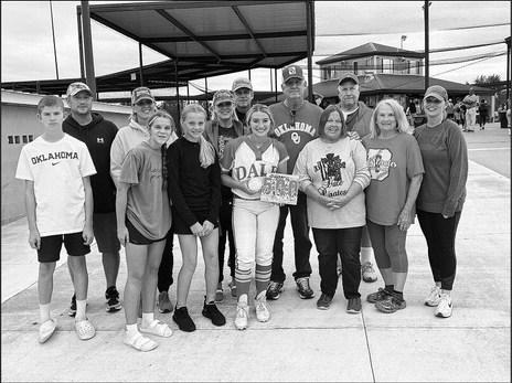 Dale pitcher Kinsley Hill, shown here surrounded by family, got her 500th high school strikeout - plus a few more - in the Lady Pirates’ win over Stuart last week. Photo/Rick Hester