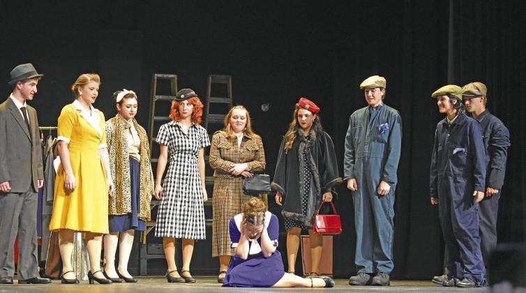 The cast of “Murder Box” performs during a special showcase on Sept. 24. From the left are Colton Miller, Allison Radcliffe, Cabella Reno, Gentry Garner, Lilly Martin, Reagan Moehle, Isaac Myers, Julia Gardner and Layton Bennett. On the ground in front of them is Hannah Davis. Photo/Emily Kalka