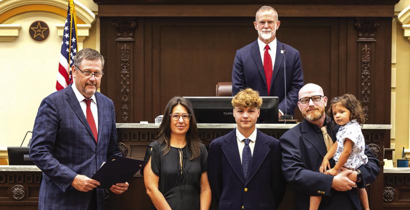 Stroud teen Payton Hogan was recognized at the Oklahoma Senate on May 5 for his bravery in helping save a man in September 2025. That day, Hogan heard a loud crash and ran outside to find a wrecked vehicle. He immediately jumped in to help pull the driver from the car before it was engulfed in flames. Photo/Oklahoma Senate