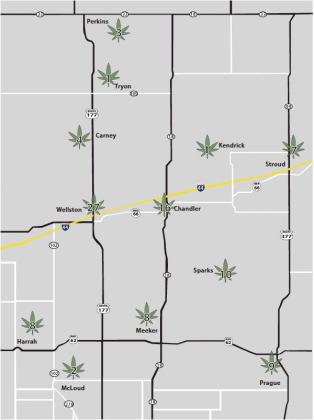 Here is a map of licensed marijuana growers in Lincoln County. Although Harrah and McLoud aren’t in Lincoln, their zip codes include some growers who are. Graphic/Tommie Marshall