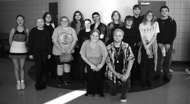 The cast and crew of “The Door” from McLoud High School at the OSSAA 5A One-Act Regionals at Bristow High School on Oct. 9. Front center are actors Abree Haney and Braydon White. Photo/Emily Kalka