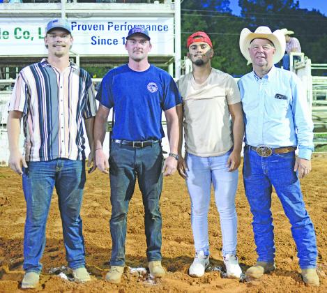 Mia Hernandez, center, was crowned 2023 Princess at the Chandler Roundup Club Rodeo Saturday night. With her are 2022 Princess Olivia Taylor and coordinator Diana Hall. Mia Hernandez. At right are the men’s Baby Bale Champions representing the Chandler Fire Department. From left, as Ethan Manning, Clay Pavlicek and Stefaun Mackey . At right is roundup club president Marty Hall.