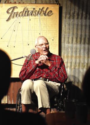 Paul Vassar, one of the featured storytellers at Lincoln County On-Stage’s latest edition of “Same Sky,” entertains the audience with stories of his youth and falling in love with his late wife. Photo/Emily Kalka