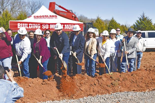 On the right, Jacob Keyes (center), chairman of the Iowa Tribe of Oklahoma, along with members of the business committee and tribe break ground on the new casino and hotel, west of Chandler. Above is a floor plan for the casino. Photo/Emily Kalka