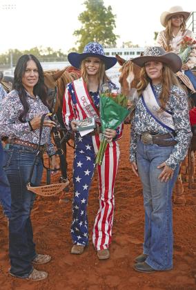 Left, the BancFirst trio of Kelsey Wright, Baylee Morgan, and Gabriella Gough won their third consecutive Baby Bale race at the Chandler Rodeo Friday night. They chose the Chosen House as their designated charity beneficiary. Above, Frankie Butler, center, was crowned the 2023 Rodeo Queen Saturday night. To her left is 2022 Queen Jannisty Lewis. For more photos of the rodeo, please see Page 5A. For results, please see Page 6A. Photos/Brian Blansett
