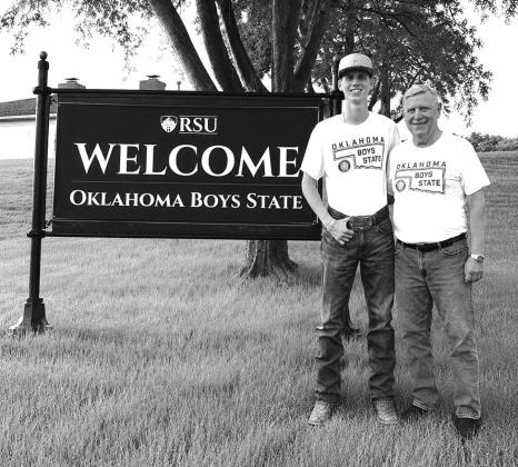 Bryce Pearcy, a senior at Meeker High School, attended Oklahoma Boys State May 23–30 at Rogers State University in Claremore. Bryce is pictured with his grandfather, Danny Lowe, who attended Boys State at Oklahoma State University in 1971. Bryce is the son of Brent and DeLayna Pearcy of Meeker. He is the grandson of Danny and Debbie Lowe of Meeker and Charles and Sherry Pearcy of Choctaw.