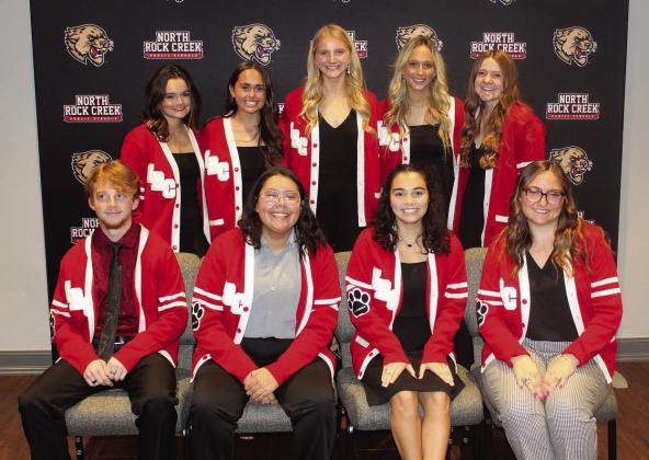 Pictured at left are recipients of the North Rock Creek academic letter sweaters. They are, from left: Back row: Nicole Adcock Hannah Ehtisham Hope Hanna Alexandra Tkachenko Abigail Smith Front row: Coolidge Rendleman CJ Haney Emma Monge Tansy Brooks