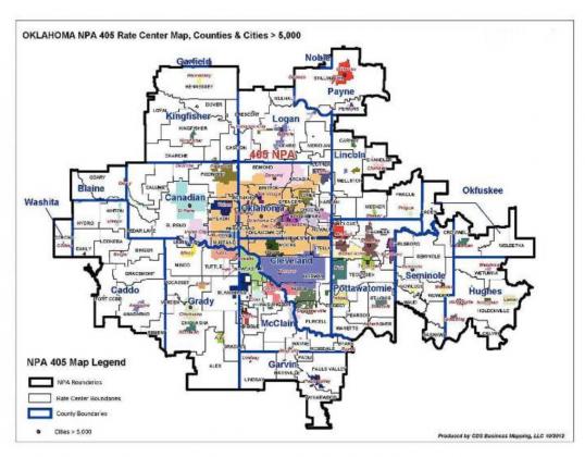 Pictured above is the area that uses the 405 area code and will be impacted by the upcoming changes. Photo/submitted.