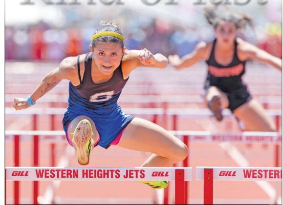 Stroud senior Peyton Davis, shown competing in the state track meet in the 100-meter hurdles, closed out her high school track career with 11 outdoor state championships, one indoor championship and the state record in the 100-meter hurdles. Photo/Beth Young