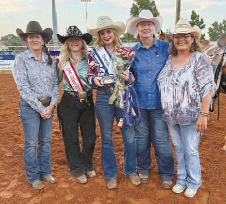 Frankie Butler (center, in the left photo) was crowned the Chandler Rodeo queen and Kinzie Troupe (black hat in the right photo) was crowned the princess during the Saturday night performance. Photos/Brian Blansett