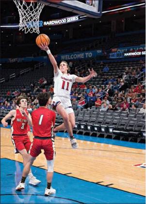 Below right, Kaden Jones (11) puts up a layup.